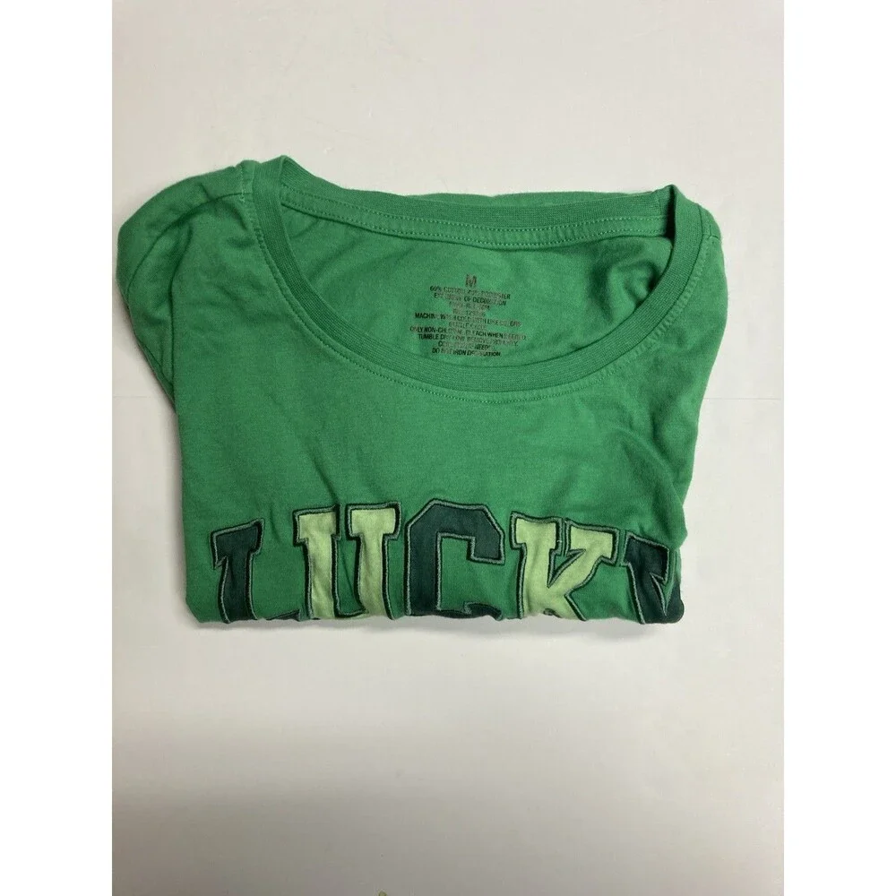 Women's Green Lucky Shamrock Graphic Embroidered Round Neck Knit T-Shirt M